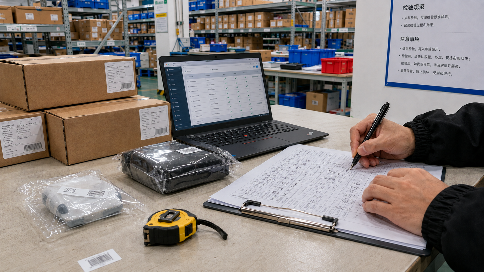 Quality inspection coordination with product samples, checklist records, and warehouse inventory