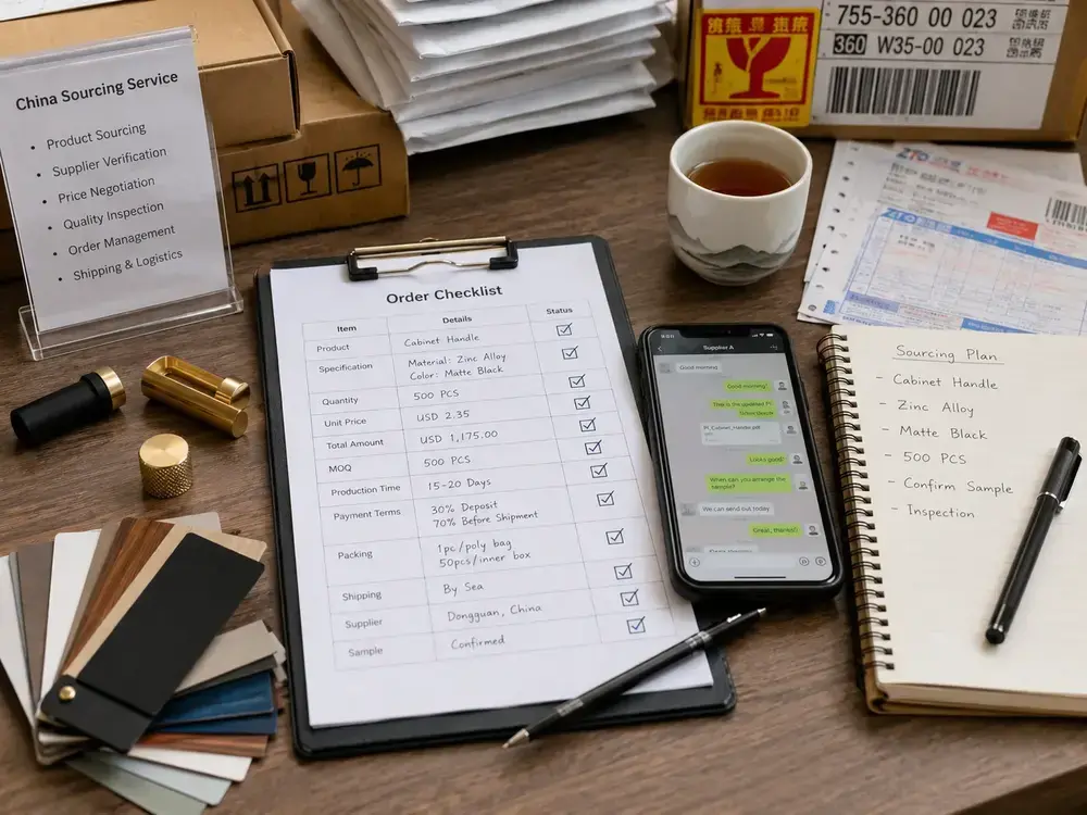 China sourcing support with order checklist, parcels, supplier messages, and sample materials