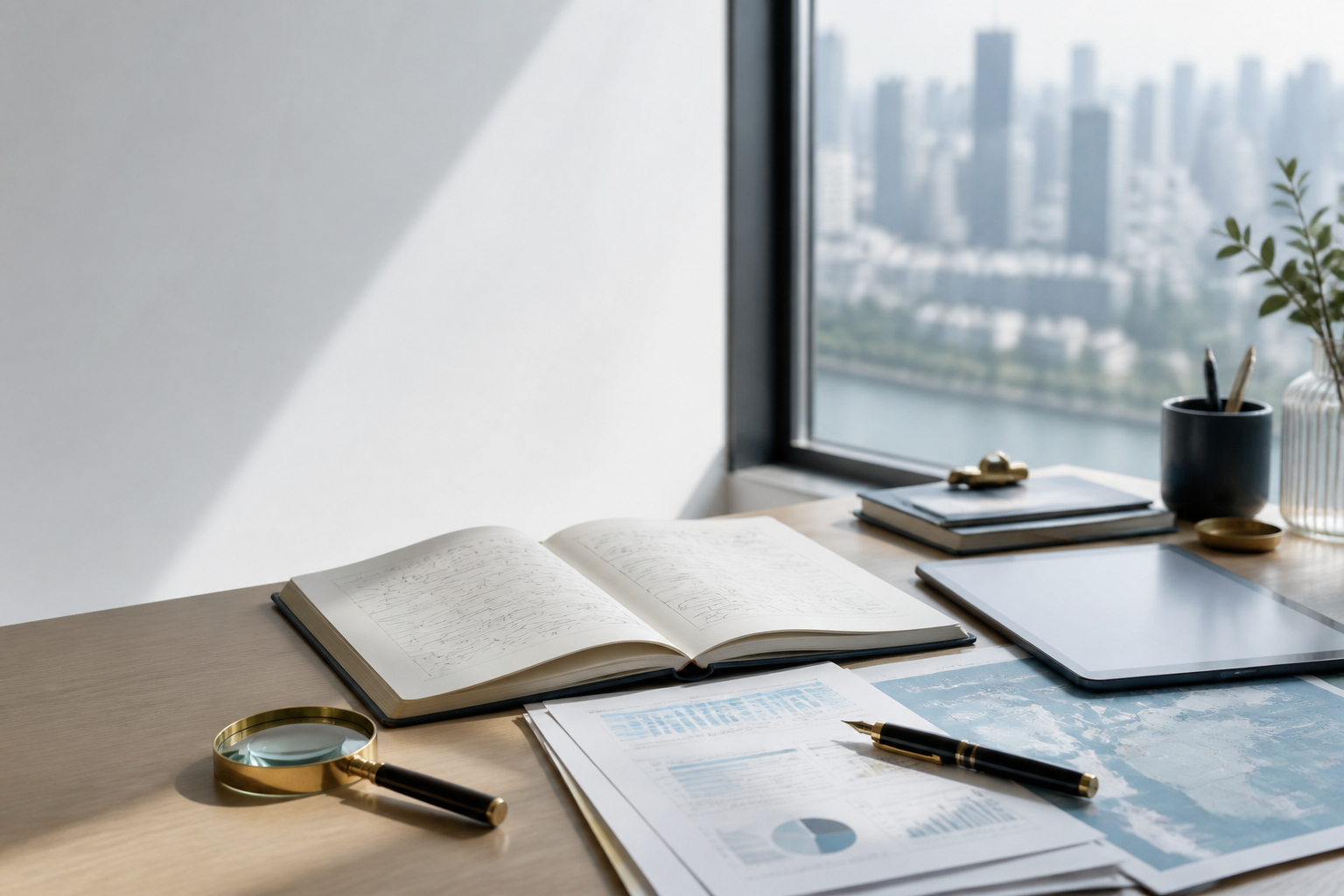 Research desk with notebooks, charts, tablet, magnifying glass, and a city view