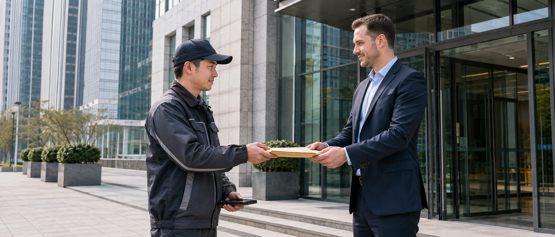 Courier handing over a document envelope outside a modern business building