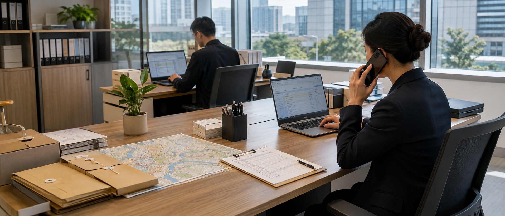 Office operations team coordinating local tasks with documents, maps, calls, and laptops
