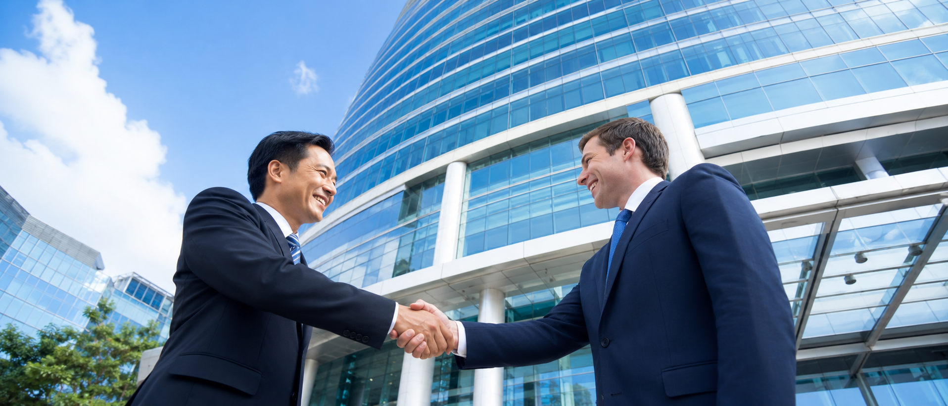 Chinese and overseas business professionals shaking hands outside a modern office building