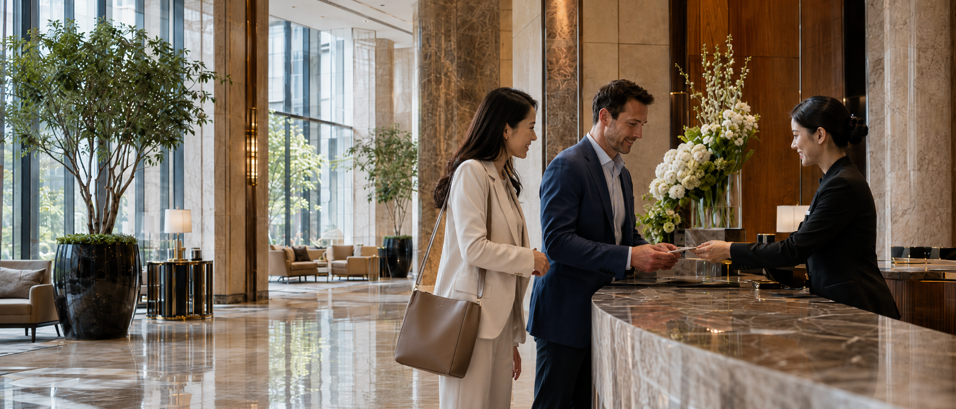 Local representative assisting overseas clients at a premium hotel reception desk